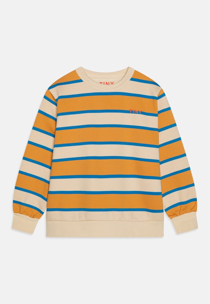 Sweat-shirt rayé en crème, orange et bleu, avec un col rond, des poignets côtelés et le mot "TINY" brodé en rouge sur la poitrine.