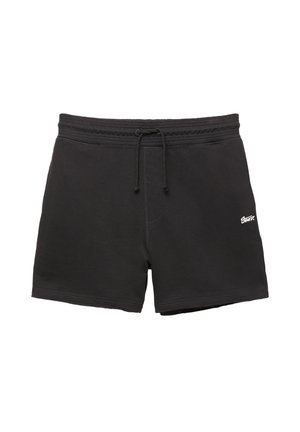 Črne bombažne kratke hlače z vrvico v pasu, kratkim krojem in belim logotipom ob strani. Gladka tekstura z našitimi šivi.
