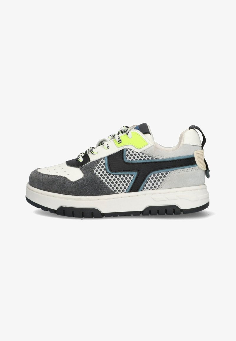 Gray and white sneakers with mesh panels, a textured surface, black accents, and a neon green detail on the side. Features a sturdy sole.