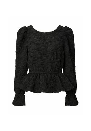 Top peplum negro con tela texturizada, escote redondo, mangas largas abullonadas y cintura fruncida. La superficie presenta un patrón arrugado.