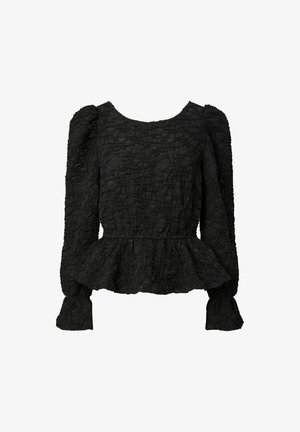Haut peplum noir en tissu texturé, col rond, manches longues bouffantes et taille froncée. La surface présente un motif froissé.