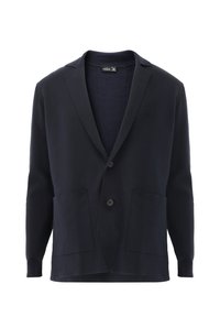 Marineblauer Cardigan aus weichem Material, mit einem Schalkragen, zwei großen Vordertaschen und einem einzigen Knopfverschluss.