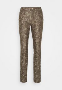 Bruine, slim-fit broek met een paisley-patroon, gemaakt van een gestructureerde stof, met steekzakken aan de voorkant en een metalen knoopsluiting.