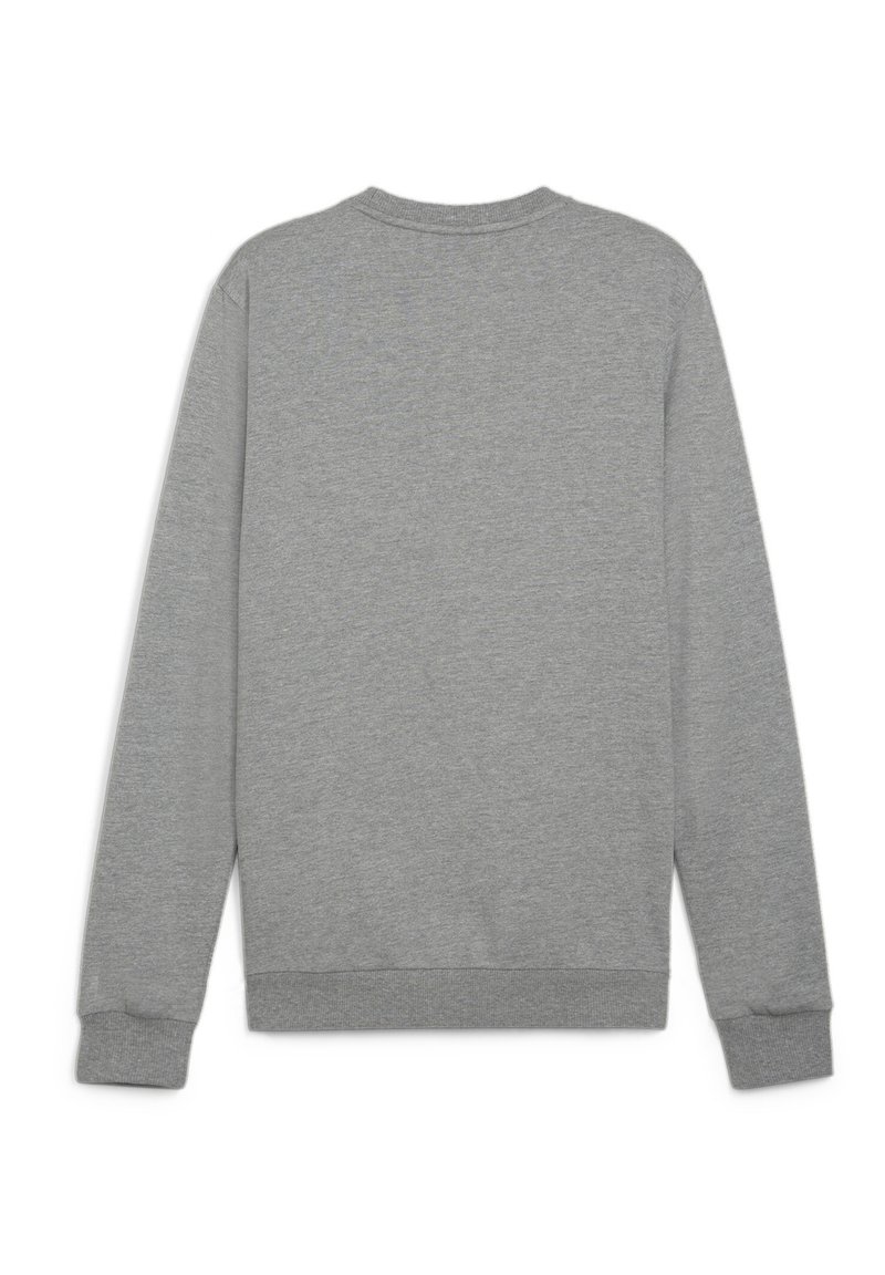 Sudadera gris de manga larga, cuello redondo, con puños y dobladillo acanalados. Fabricada con un tejido suave y texturizado sin patrones visibles.
