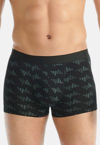 Černé boxer kalhoty s geometrickým vzorem v různých odstínech šedé. Měkká tkanina s pohodlným elastickým pasem.