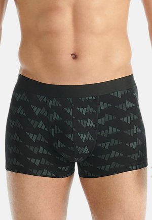 Zwarte boxershorts met een geometrisch patroon in verschillende tinten grijs. Zachte stof met een comfortabele elastische tailleband.