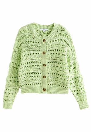 Světle zelený pletený cardigan s volným střihem, kulatým výstřihem, zkrácenou délkou a dřevěnými knoflíkovými zapínáními. Design s otvorovým vzorem.