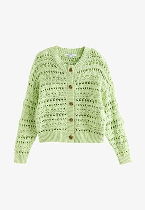 Světle zelený pletený cardigan s volným střihem, kulatým výstřihem, zkrácenou délkou a dřevěnými knoflíkovými zapínáními. Design s otvorovým vzorem.
