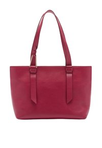 Sac fourre-tout en cuir rouge avec surface texturée, forme rectangulaire et deux longues poignées. Présente des côtés plats et aucun matériel visible à l'extérieur.