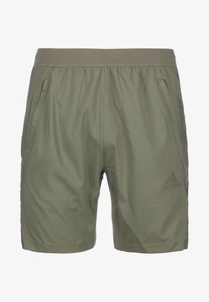 Bermudas deportivas verde oliva hechas de un tejido ligero, con una cintura elástica, bolsillos laterales y un logo sutil en la pierna.