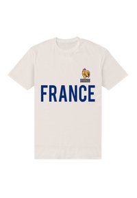 Vit bomull T-shirt med ordet "FRANKRIKE" i fet blå text, med en tuppemblem ovanför, som representerar nationell identitet.