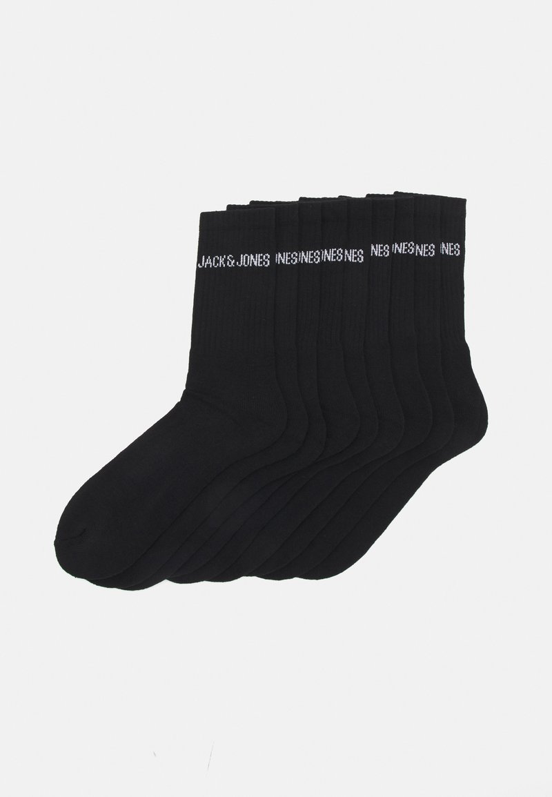 Calze di cotone nere a manica corta in confezione da sei, con texture a costine e logo bianco "JACK & JONES" intorno al polsino.