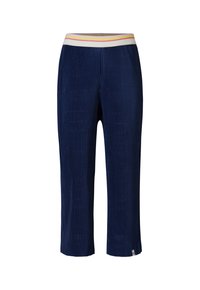 Navy blauwe geribde broek met een lengte tot halverwege de kuit, voorzien van een meerkleurige gestreepte elastische tailleband en subtiele textuurdetails.