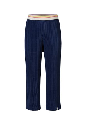 Navy blauwe geribde broek met een lengte tot halverwege de kuit, voorzien van een meerkleurige gestreepte elastische tailleband en subtiele textuurdetails.