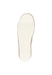 White shoe sole with textured rubber for grip, featuring vertical grooves and a light tan edge. Simple, practical design with minimal detailing.