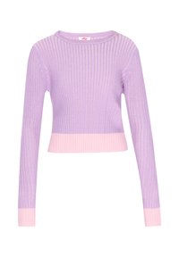 Fliederfarbenes, geripptes, kurzes Sweatshirt mit langen Ärmeln sowie pinkfarbenen, gerippten Bündchen und Saum. Hergestellt aus weichem Material, mit rundem Ausschnitt.