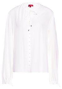 White long-sleeve blouse with a round neck, gathered detail, button-front closure, and elastic cuffs. Made from lightweight fabric.