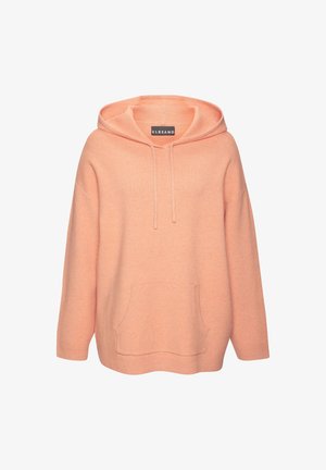 Hooded pullover in soft peach fabric. Features a front kangaroo pocket, ribbed hem, and cuffs. Relaxed fit with dropped shoulders.