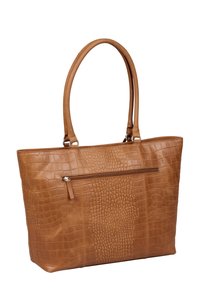 Grand sac fourre-tout en simili cuir marron avec texture crocodile, doté d'une poche extérieure zippée et de poignées lisses et arrondies.