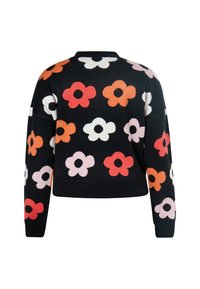 Czarny sweter z floralnym wzorem w kolorach czerwonym, różowym, białym i pomarańczowym. Posiada okrągły dekolt oraz ribbowe mankiety i dół.