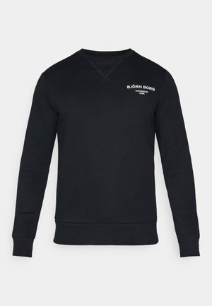 Zwarte sweatshirt met lange mouwen, ronde hals en verhoogde naaddetails. Bevat een wit merlogo op de linker borst. Zachte stoftextuur.