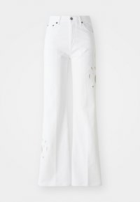 Balti plačios džinsinės kelnės, pagamintos iš džinsinio audinio, su aukštu liemeniu, subtiliais išpjovimais ir penkių kišenių stiliumi. Metalinis mygtukas ir užtrauktukas.