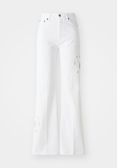 Bele flare kavbojke iz denima, z visokim pasom, subtilnimi izrezanimi vzorci in petimi žepi. Zaporni gumb in zadrga iz kovine.