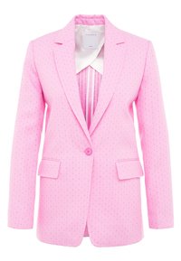 Blazer rosa con un design strutturato, caratterizzato da un unico bottone e due tasche frontali. Il tessuto presenta un motivo texturizzato con piccoli punti a contrasto.