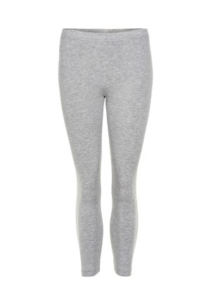Pelēki elastīgi legingi, kas izgatavoti no mīksta materiāla, ar šauru piegriezumu un elastīgu jostu. Nav redzamu rakstu vai detaļu.