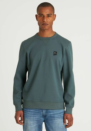 Green sweatshirt with long sleeves, crew neck, textured fabric, and a small black logo patch on the left chest. Worn with blue jeans.