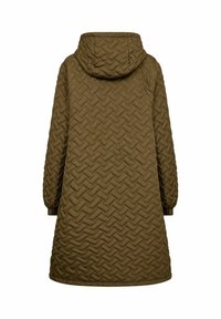 Quilted hooded coat in olive green, featuring a zigzag pattern, long sleeves, and a slightly flared silhouette. Smooth texture throughout.