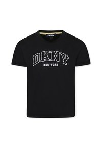 T-shirt en coton noir avec des manches courtes, un col rond et le texte "DKNY NEW YORK" en blanc sur la poitrine dans une police en gras et courbée.