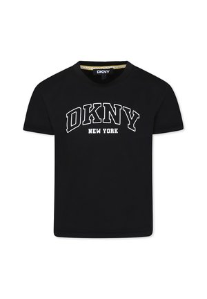 T-shirt in cotone nero con maniche corte, scollo a girocollo e testo bianco "DKNY NEW YORK" sul petto in un font audace e curvo.