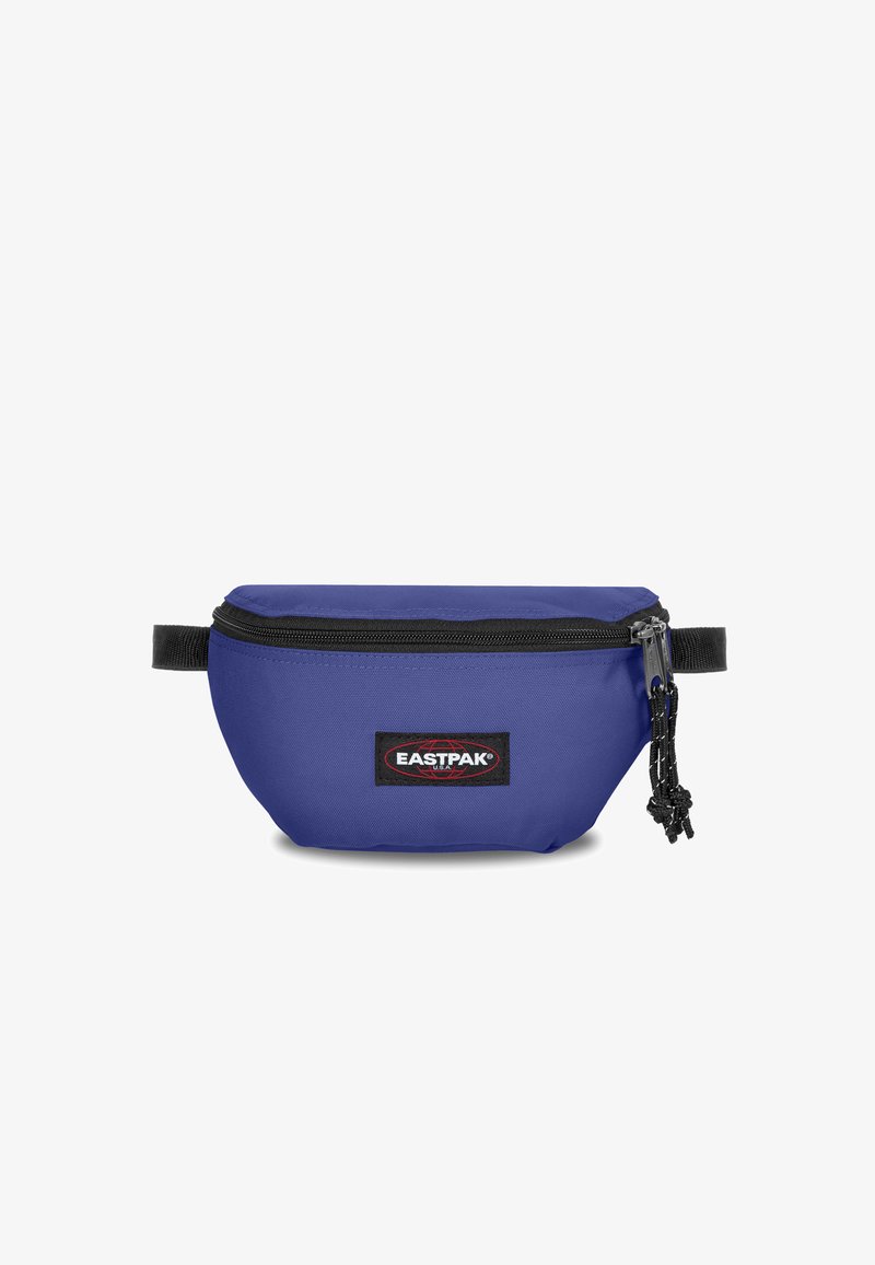 Modrý textilní sáček se zipovým uzávěrem, černým lemem a nášivkou loga Eastpak. Elegantní design s texturovaným povrchem.
