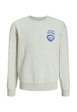 Hellgrauer Baumwoll-Sweatshirt mit langen Ärmeln, geripptem Kragen und Bündchen, mit einem blauen grafischen Text und Design auf der linken Brust.