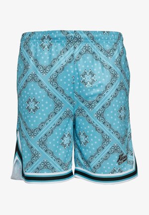 Blue patterned swim shorts featuring a bandana-inspired design, elastic waistband, and black and white accent stripes at the hem.