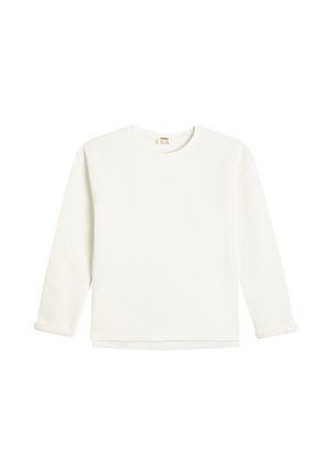 Sweatshirt blanc à manches longues en tissu doux, avec un col rond et des poignets roulés, doté d'une ourlet inférieur droit.