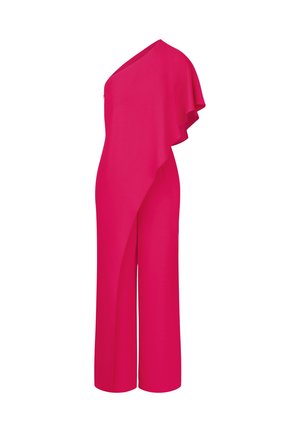 Mono fucsia con un hombro y una manga acampanada. Diseño de pierna ancha, textura suave y color vibrante. Sin cierres visibles.