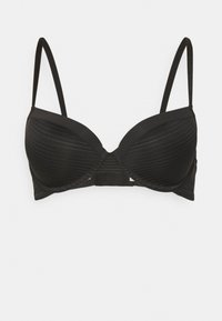 Black padded bra with thin adjustable straps, featuring ribbed texture and a smooth finish. Secure back closure for support.