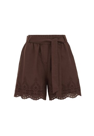 Pruunid kõrge vöökohaga lühikesed püksid kangasvööga, mis on vöökohal seotud, ning pitsilise õmblusega äär, millel on silmalõike tikandi detailid.