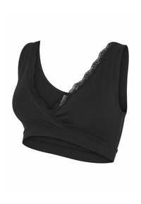 Black bralette with a v-neck design, featuring lace trim on the neckline and a seamless, stretchy fabric for comfort and fit.