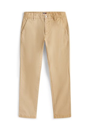 Pantalon décontracté beige avec poches avant, passants pour ceinture et fermeture à bouton, présenté à plat sur un fond blanc.