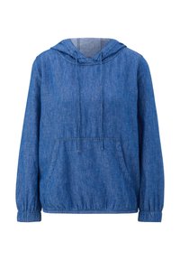 Sweat à capuche en denim bleu avec manches longues, poche kangourou à l'avant, capuche à cordon de serrage, et poignets et ourlet élastiques sur fond blanc.