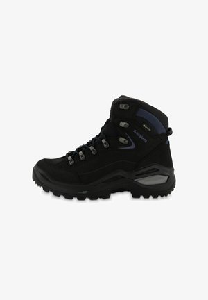 Zwarte wandelschoen met een bovenwerk van suede en synthetisch materiaal, rubberen zool met diepe profiel, een veterhaaksluiting en een waterdichte Gore-Tex voering.