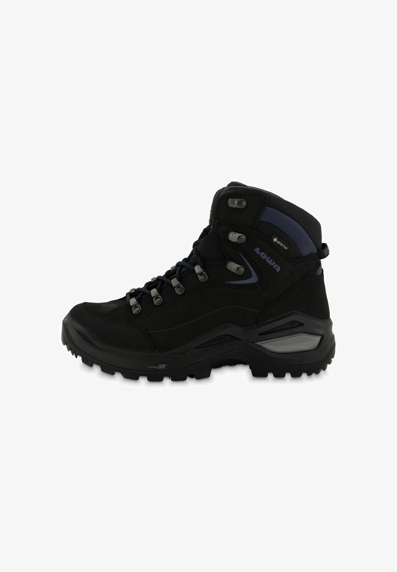 Svarta vandringskängor med övre i mocka och syntetmaterial, gummisulor med djupa mönster, snörningssystem med ögla, vattentät Gore-Tex-foder.