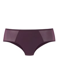 Bordeaux ondergoed met een mix van gladde en doorschijnende stof, met een klassiek slipdesign en subtiele mesh zijkanten.