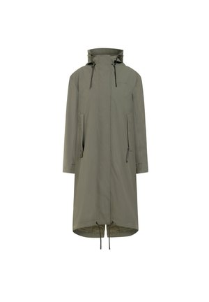 Parka imperméable vert olive avec capuche, poches latérales, cordons de serrage ajustables et poignets élastiques ; design mi-long avec une coupe droite.