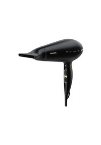 Philips Haartrockner in Schwarz mit einer konischen Düse, ergonomischem Griff, Steuerknöpfen und einem goldenen Akzent an der Basis. Leistungsstärke von 3200 W.