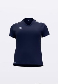 Marineblauw sportshirt met korte mouwen en V-hals, voorzien van wit logo en accenten op de schouders. Gemaakt van lichtgewicht, gladde stof.