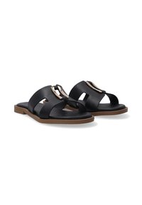 Black leather slide sandals with cross strap design, open toe, and a gold accent buckle. Flat brown sole with a textured inner surface.